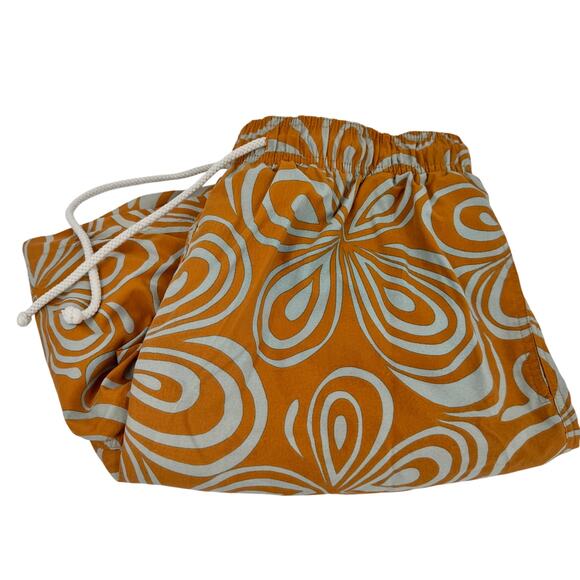 J McLaughlin Swim Trunks Mens Large Orange Gray Floral Mesh Lined + Pockets - Picture 1 of 9